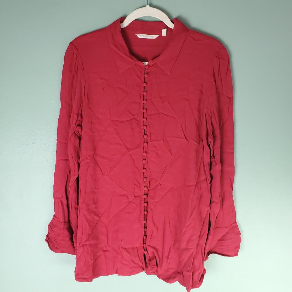 Soft Surroundings Womens Red Poet Blouse Button Up Top Ruffled Cuffs Size XL